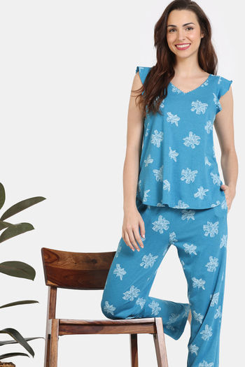 Buy Zivame Floral Fancy Knit Cotton Pyjama Set - Barrier Reef